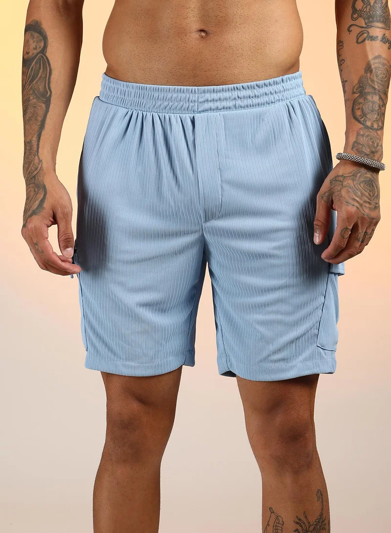 Campus Sutra  Men's Baby Blue Ribbed Utility Co-Ord Set For Casual Wear | Cuban Collar | Short Sleeve | Button Closure | Co-Ords Crafted With Comfort Fit For Everyday Wear for Men | Best Price UAE